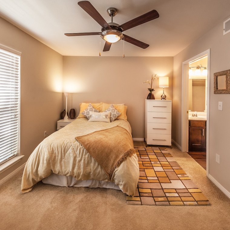 bedroom with earth tone color scheme, walk in closet and bathroom